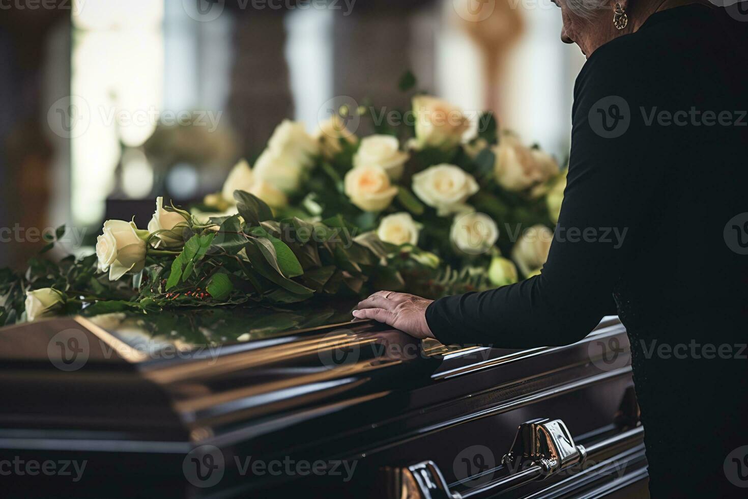 Closeup of a woman's hand placing a bouquet of white roses in a coffin.Funeral Concept AI generated photo