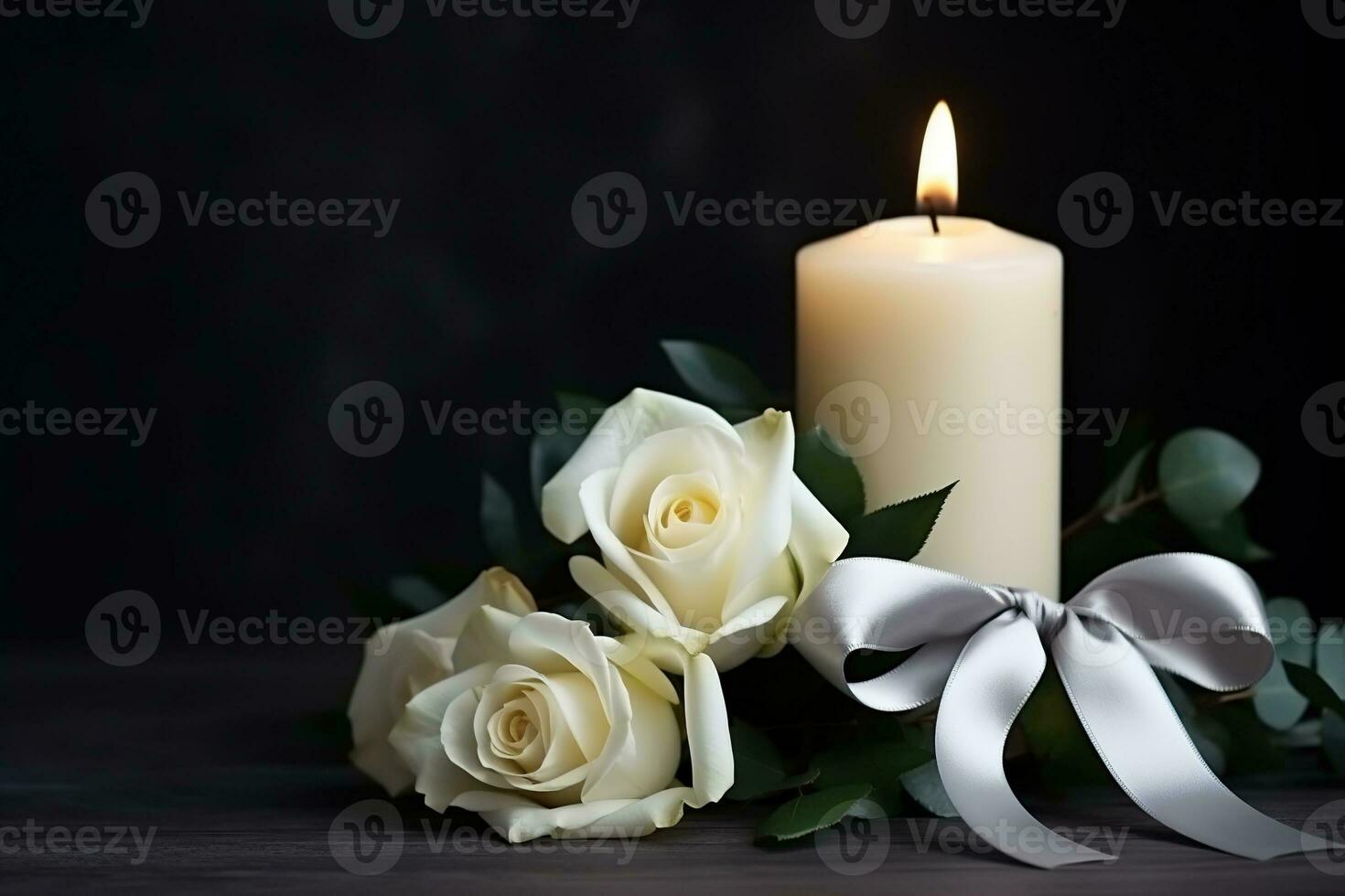 White roses with ribbon and photo frame on black background.Funeral Concept AI generated