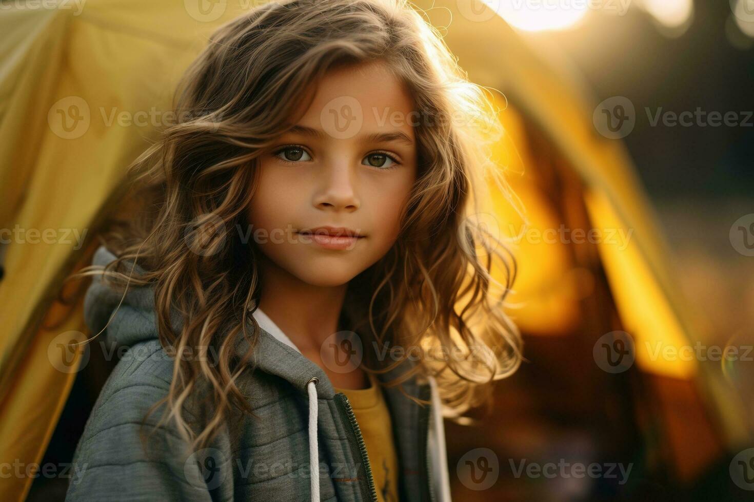 Portrait of cute little girl at camera while standing near camping tent at sunset AI generated photo