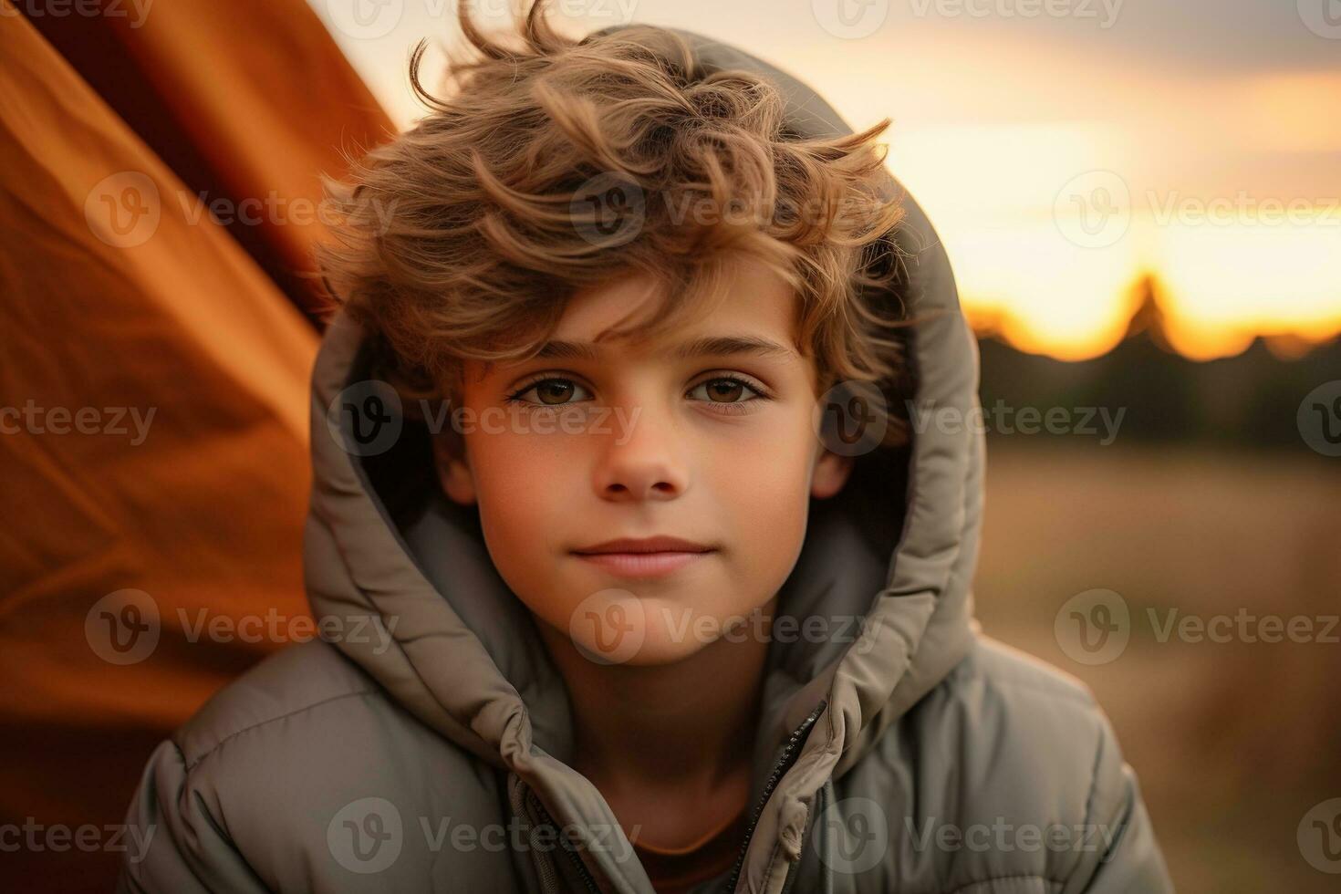 Portrait of a cute boy looking at camera while near his tent in nature AI generated photo
