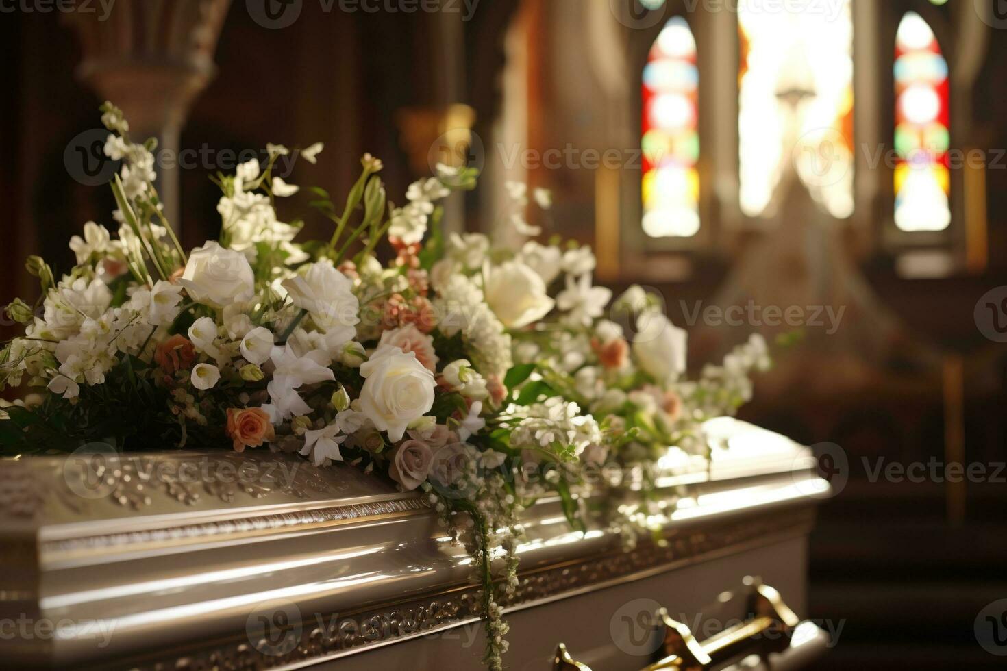 Beautiful flowers in a coffin at a funeral AI generated photo