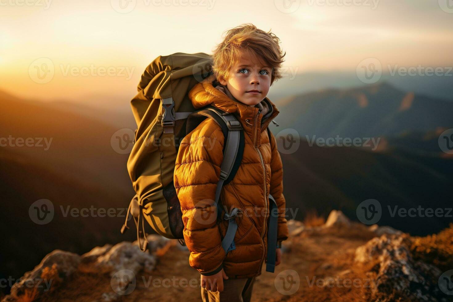 Adorable little boy with backpack hiking in mountains at sunset. Travel and active lifestyle concept AI generated photo