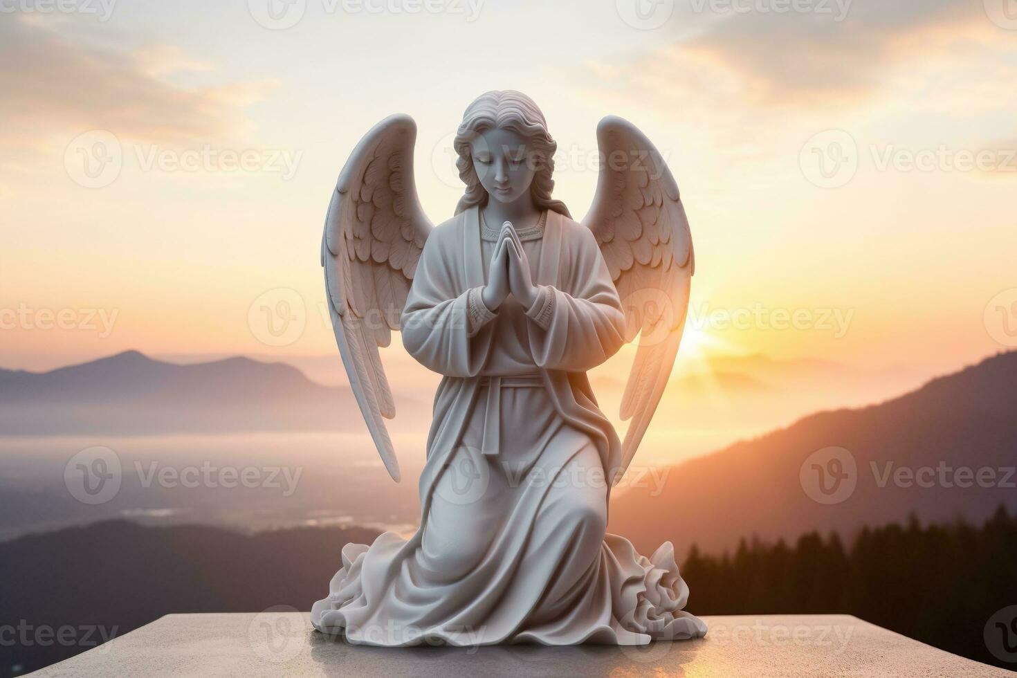 Angel statue with sunrise in the background, religion and spirituality concept. AI generated photo