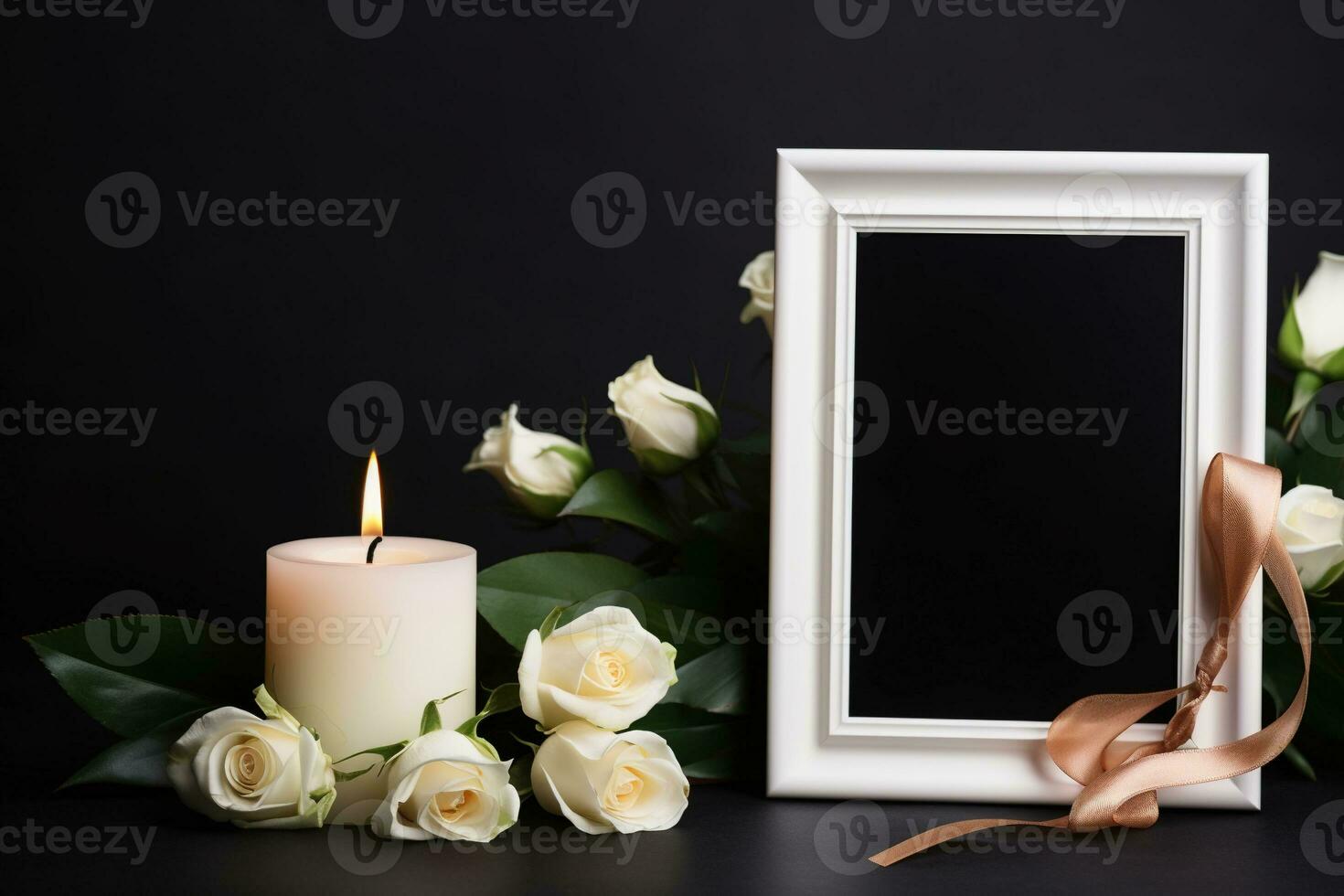 White roses with ribbon and photo frame on black background.Funeral Concept AI generated