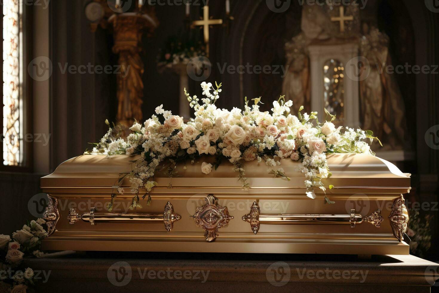 Beautiful flowers in a coffin at a funeral AI generated photo