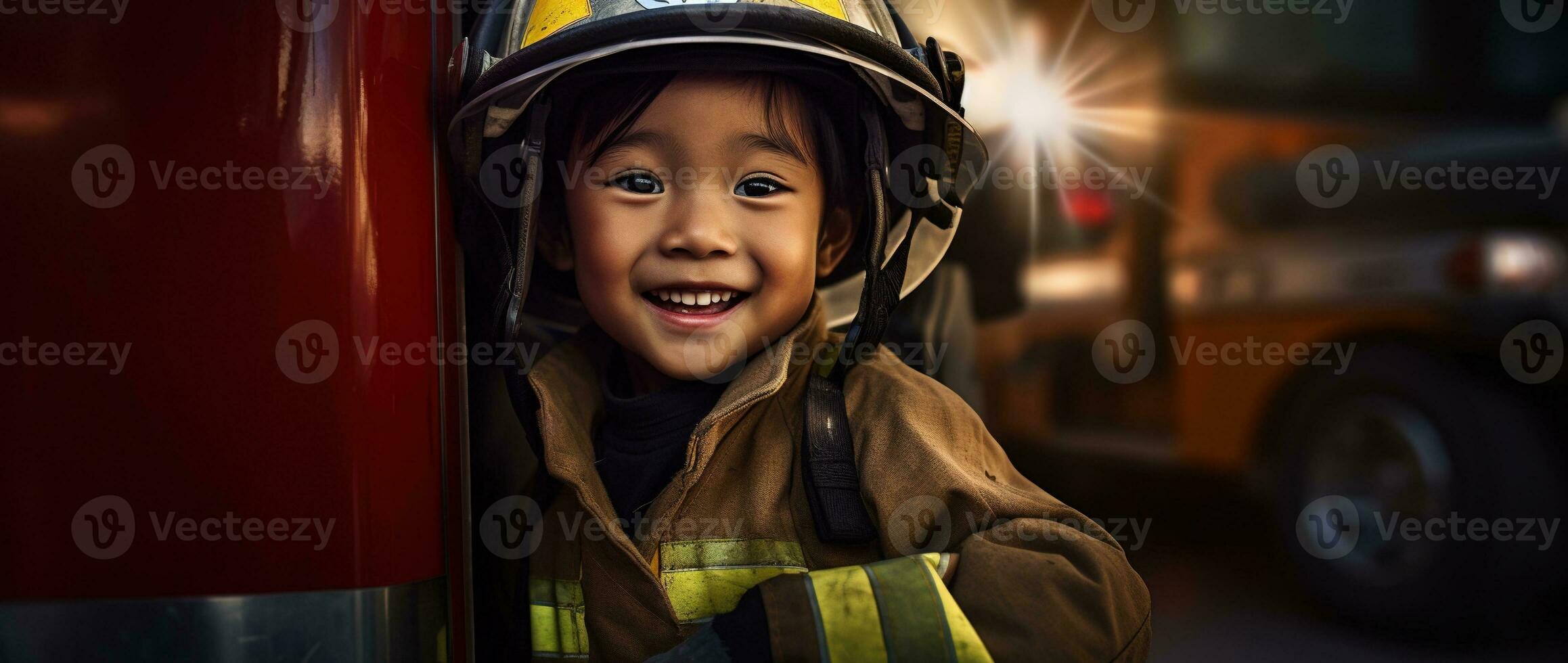 Portrait of happy asian boy wearing firefighter uniform with fire truck in background AI generated photo