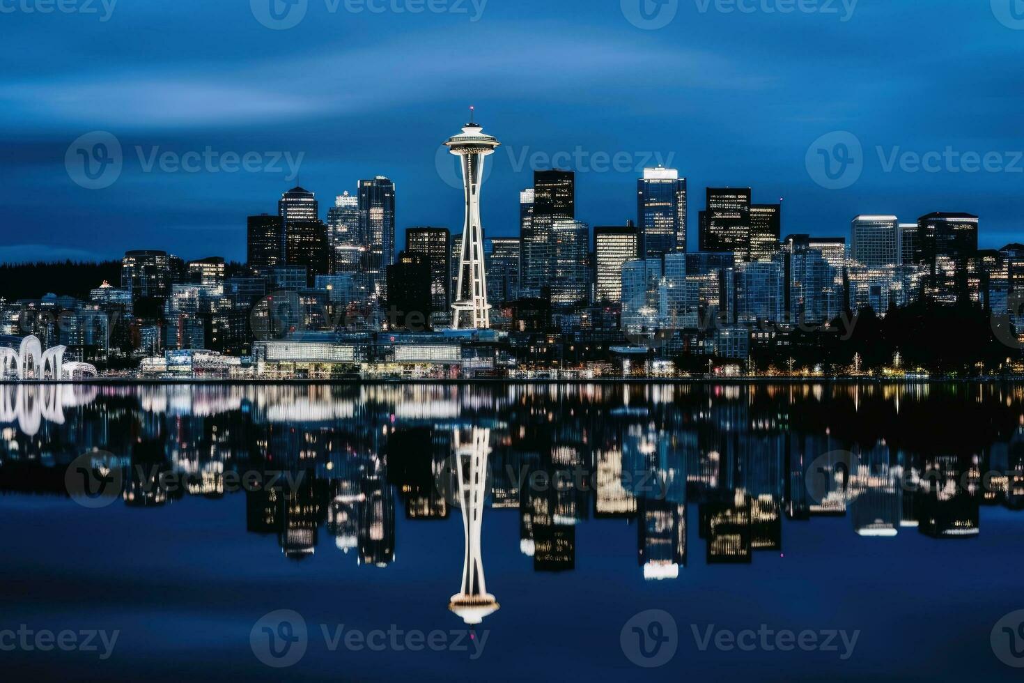 A skyline of a big city in the night with water reflections.AI Generative photo