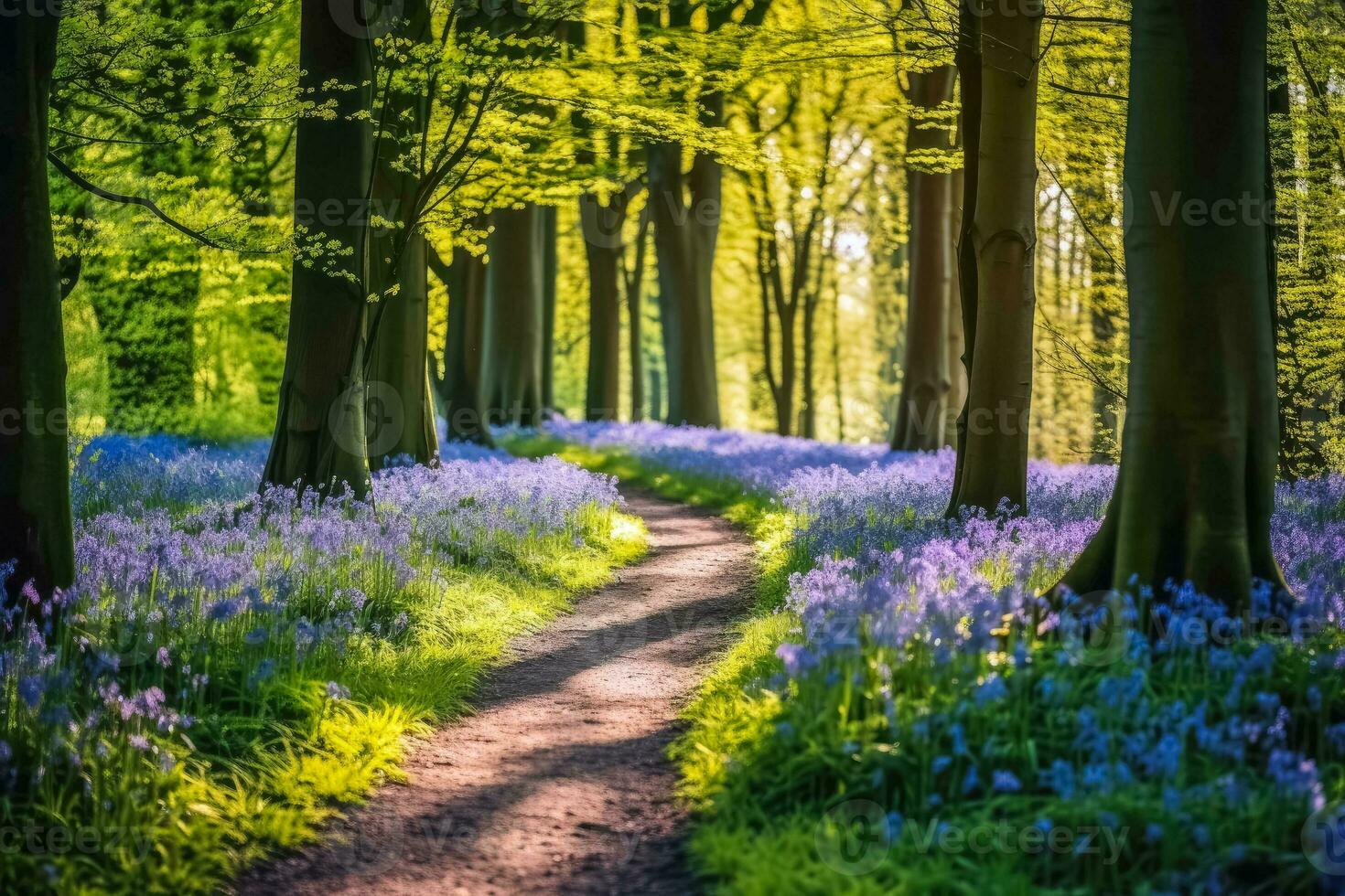 Lonely Footpath through some blue bell flowers in a forest landscape.AI Generative photo