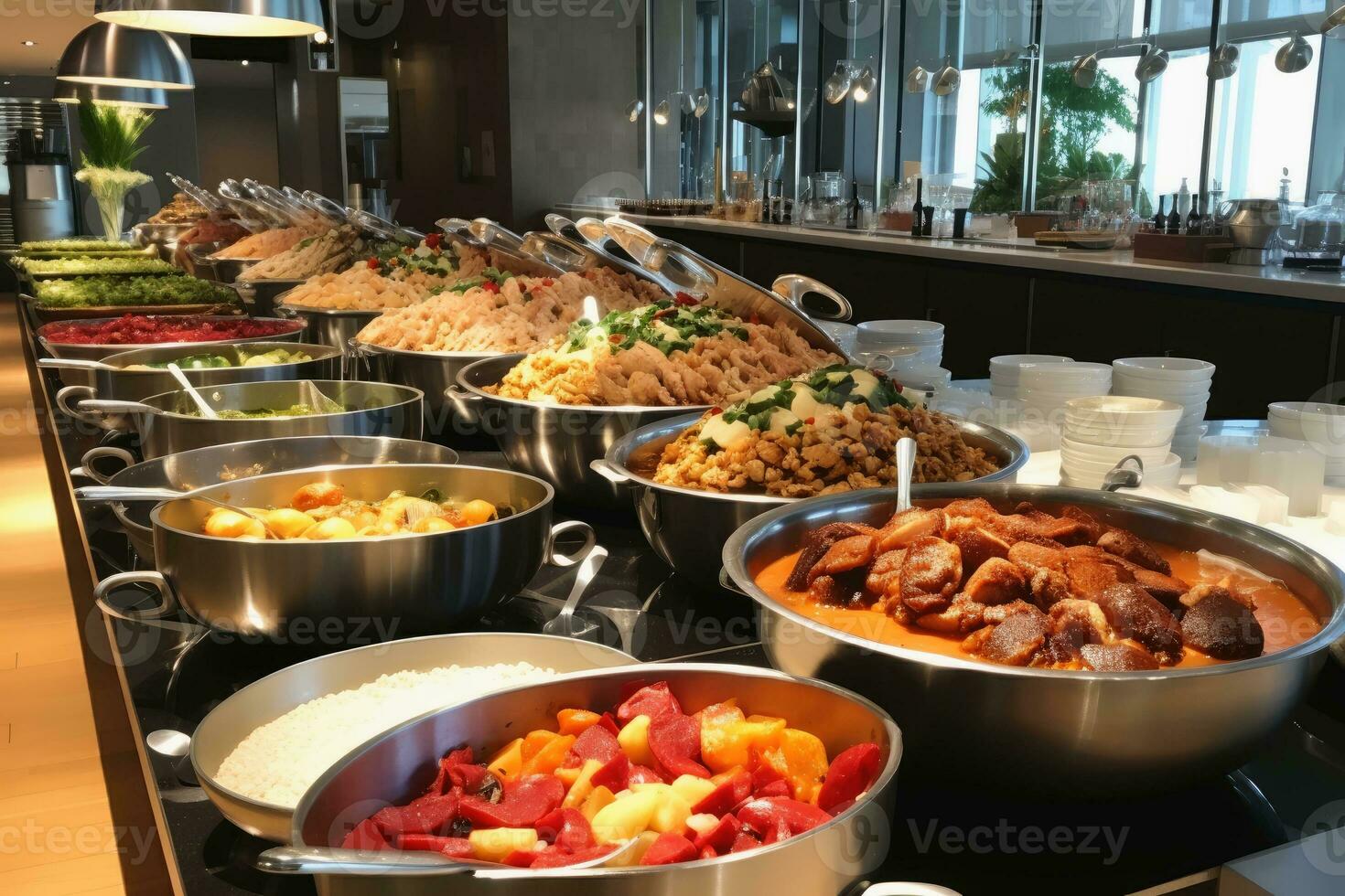 A tasty breakfast buffet in a hotel.AI generative photo