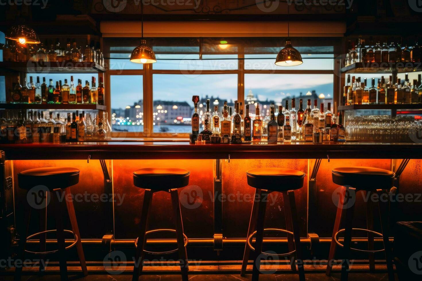 A beautiful bar in dark light with a stunning view.AI Generative photo