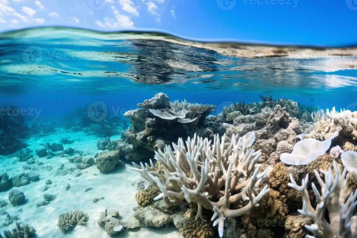 An almost dead coral reef under water.AI generative photo