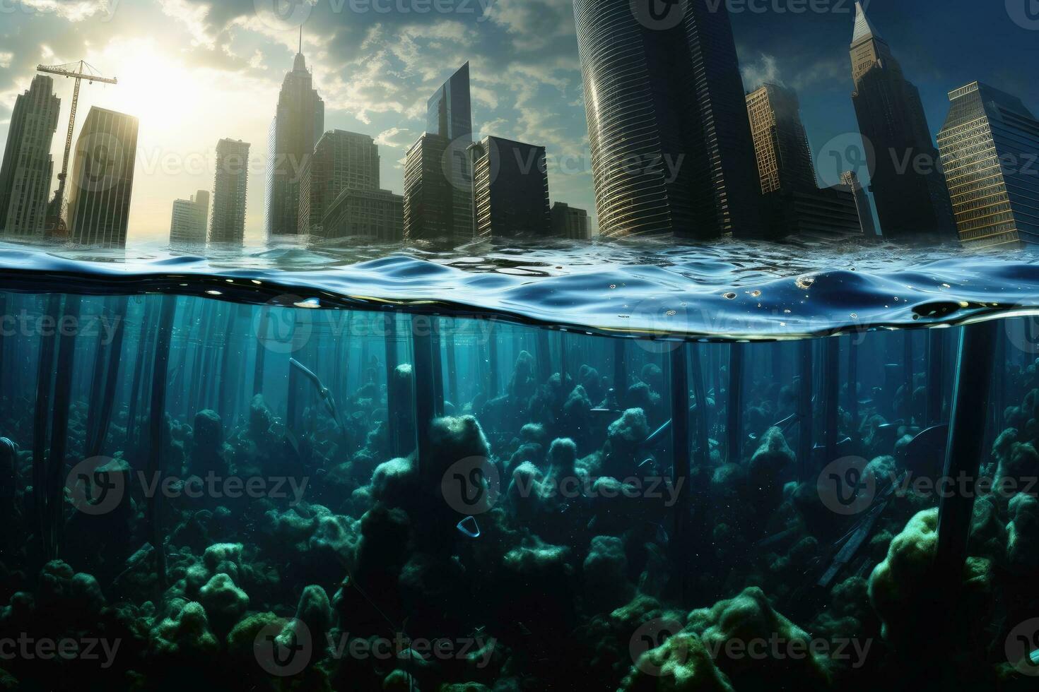A big city sunk in the water of the ocean.AI Generative photo