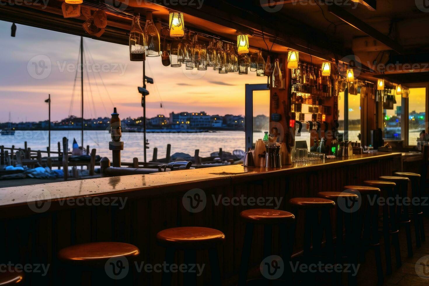 A beautiful bar in dark light with a stunning view.AI Generative photo
