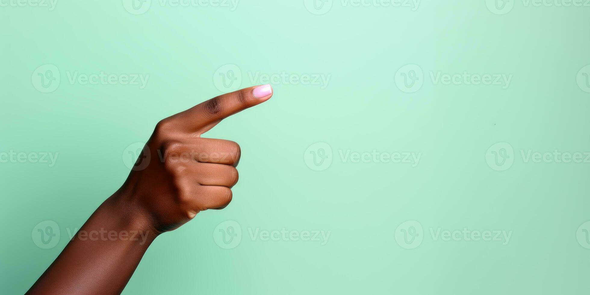A womans hand pointing to the top in front of a pastel colored background.AI generative photo