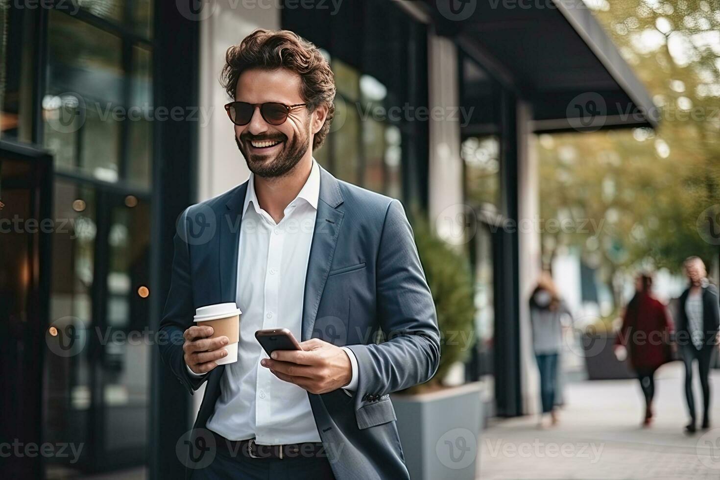 Handsome businessman using smartphone and holding coffee cup while in the city. Generative AI photo