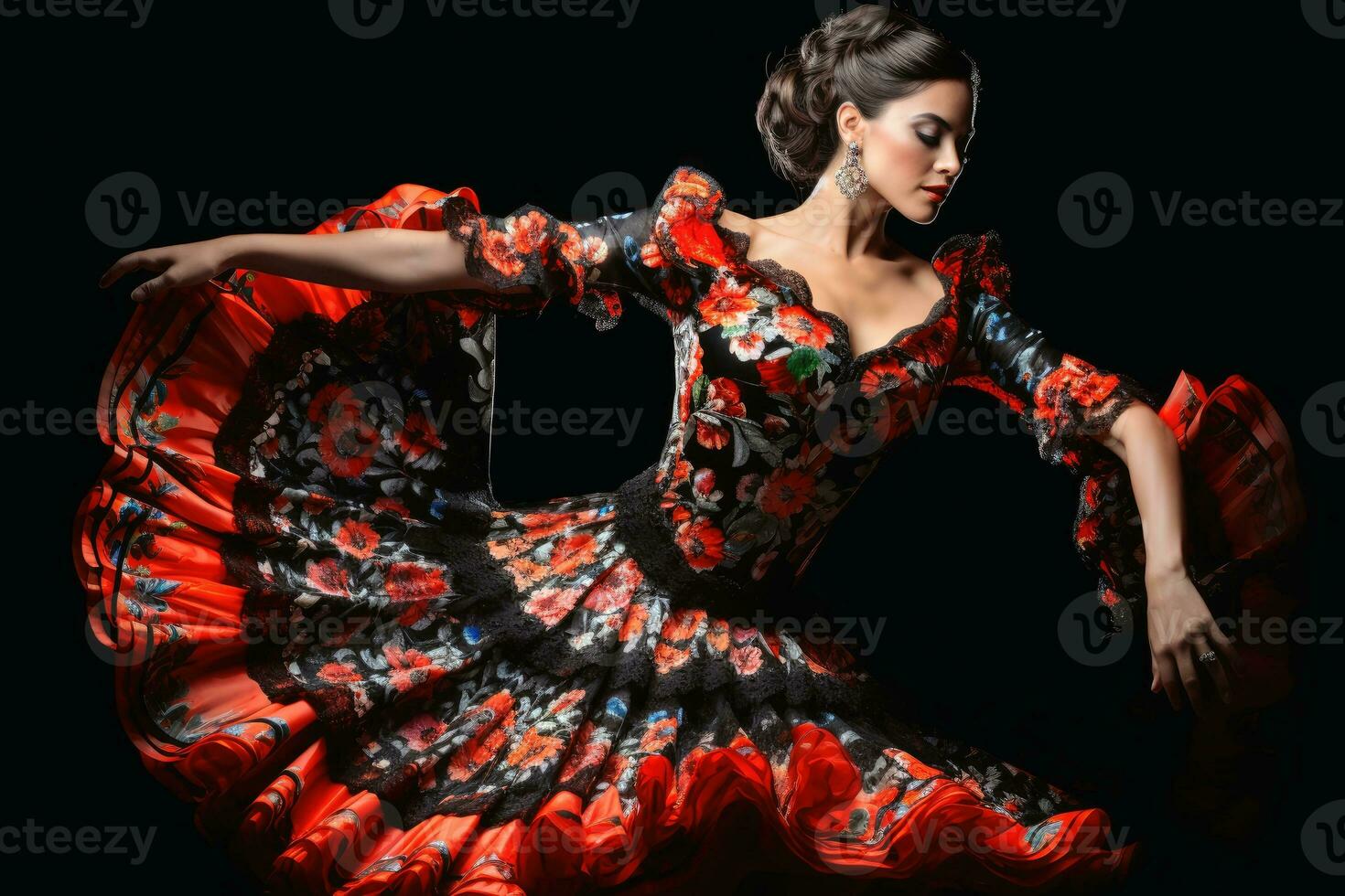 un atractivo flamenco bailarín en un elaborar vestido.ai generativo foto
