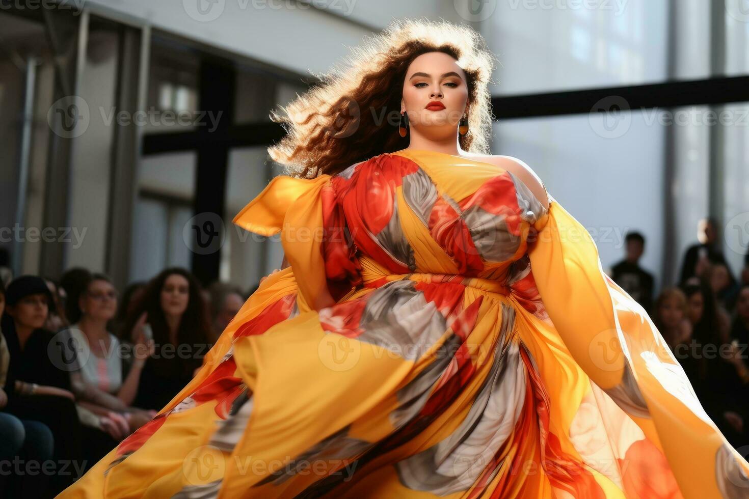 A plus size model on a catwalk with fashion.AI Generative photo