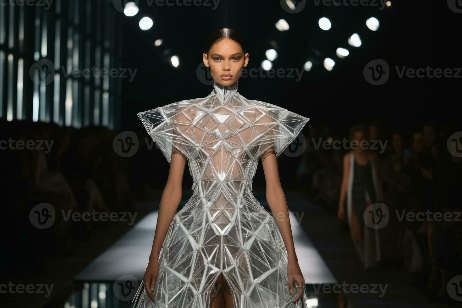 A model on a runway wearing an elegant dress made of diamonds.AI Generative photo