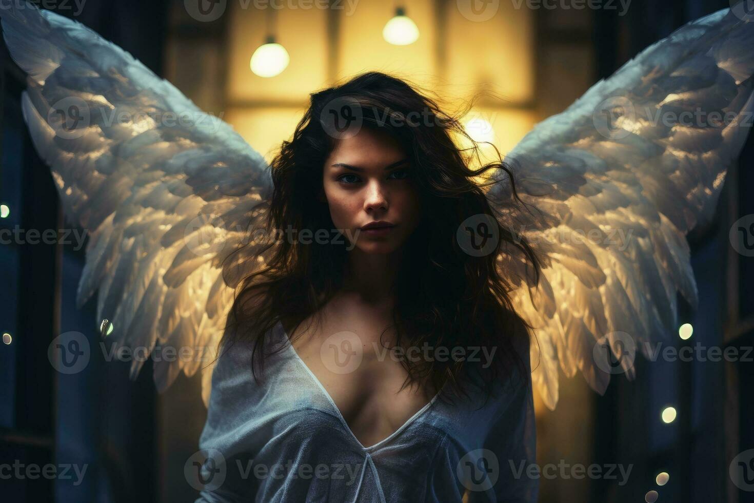 A woman with angel wings and cinematic light.AI Generative photo