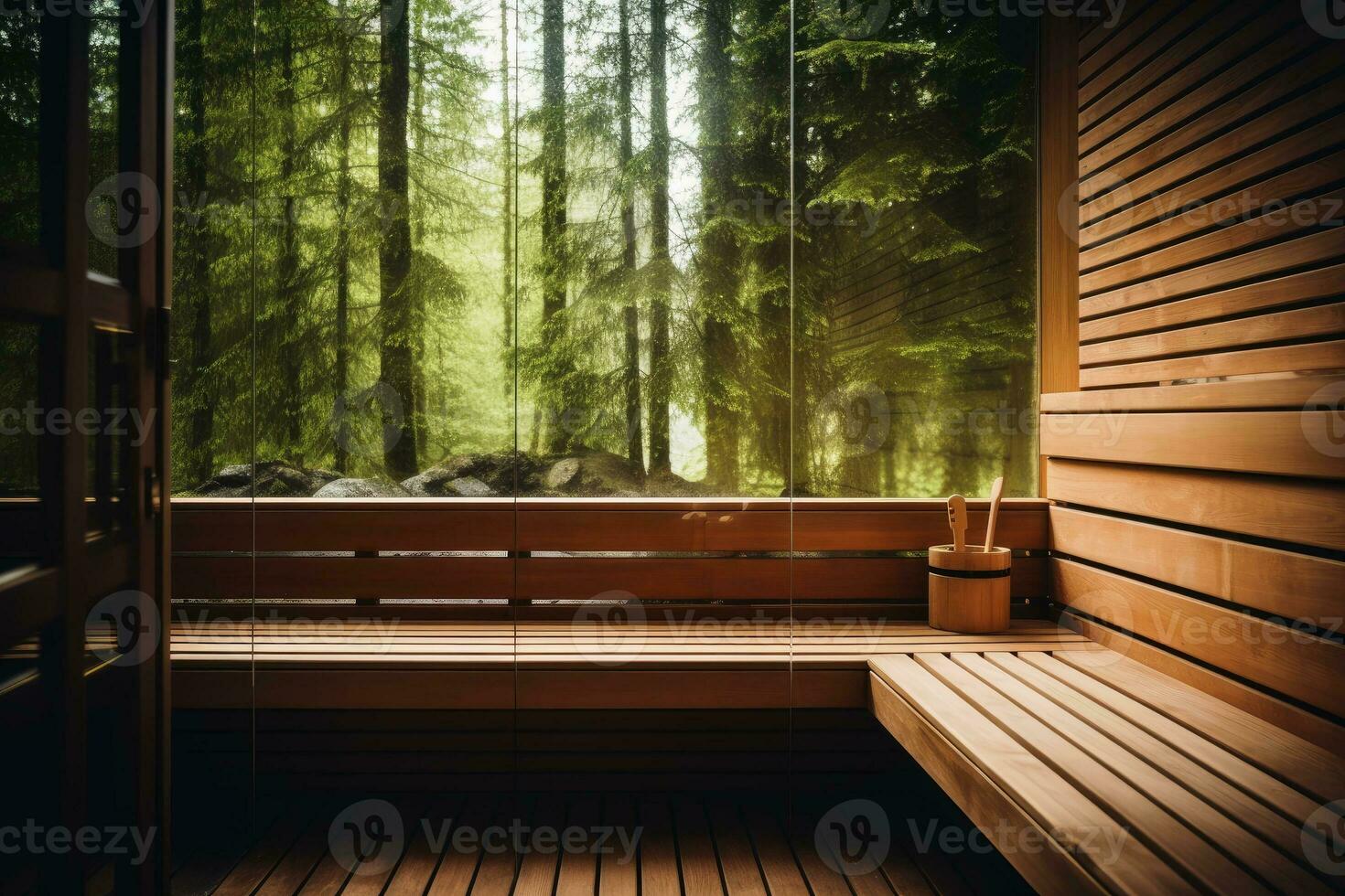 An empty wooden sauna in warm tones.AI Generative photo
