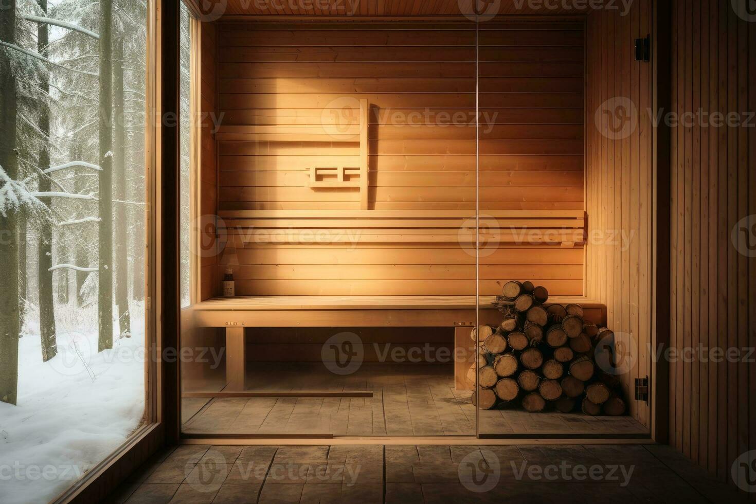 An empty wooden sauna in warm tones.AI Generative photo
