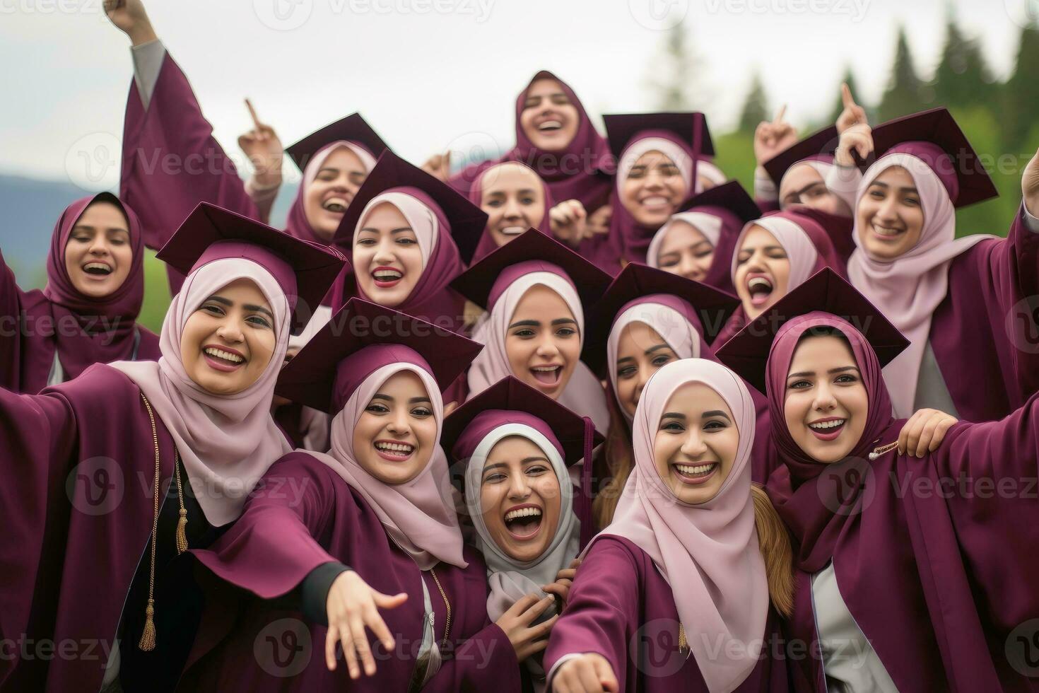 Admission day with university graduates in gown and cap.AI Generative photo