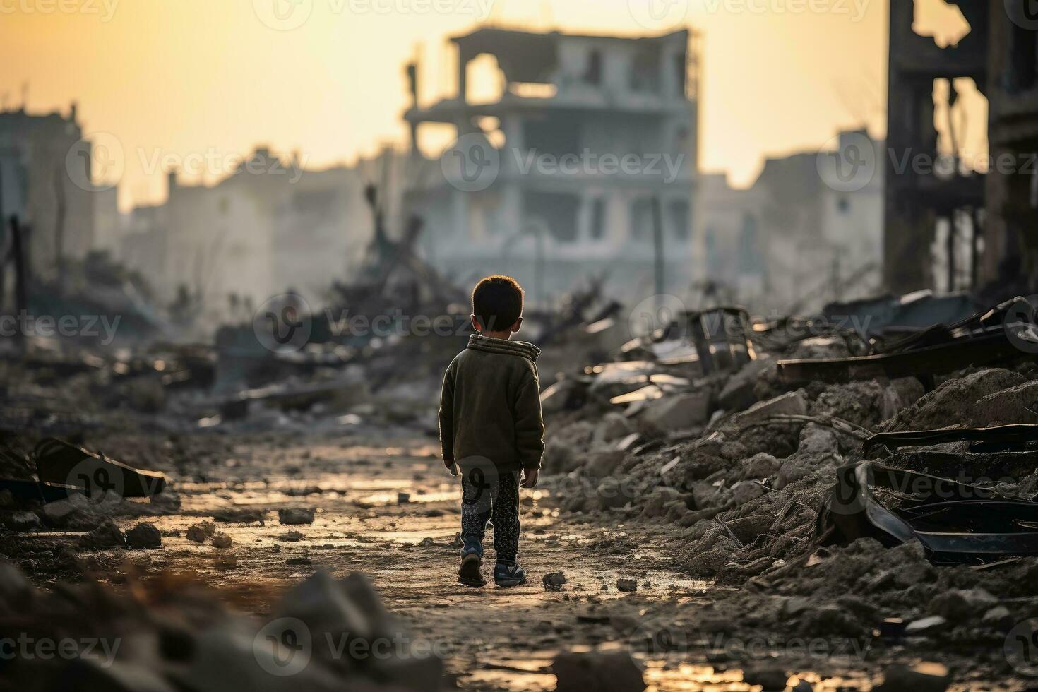 un niño jugando en un destruido ciudad.ai generativo foto