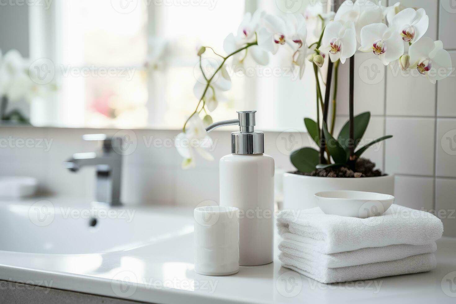 Numerous cosmetic and beauty products in a wellness bathroom.AI Generative photo