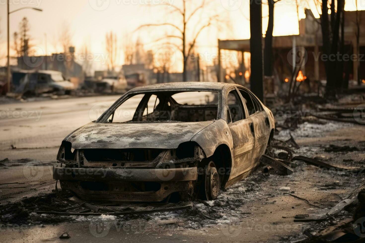 Completely burned out cars after natural disaster.AI Generative photo