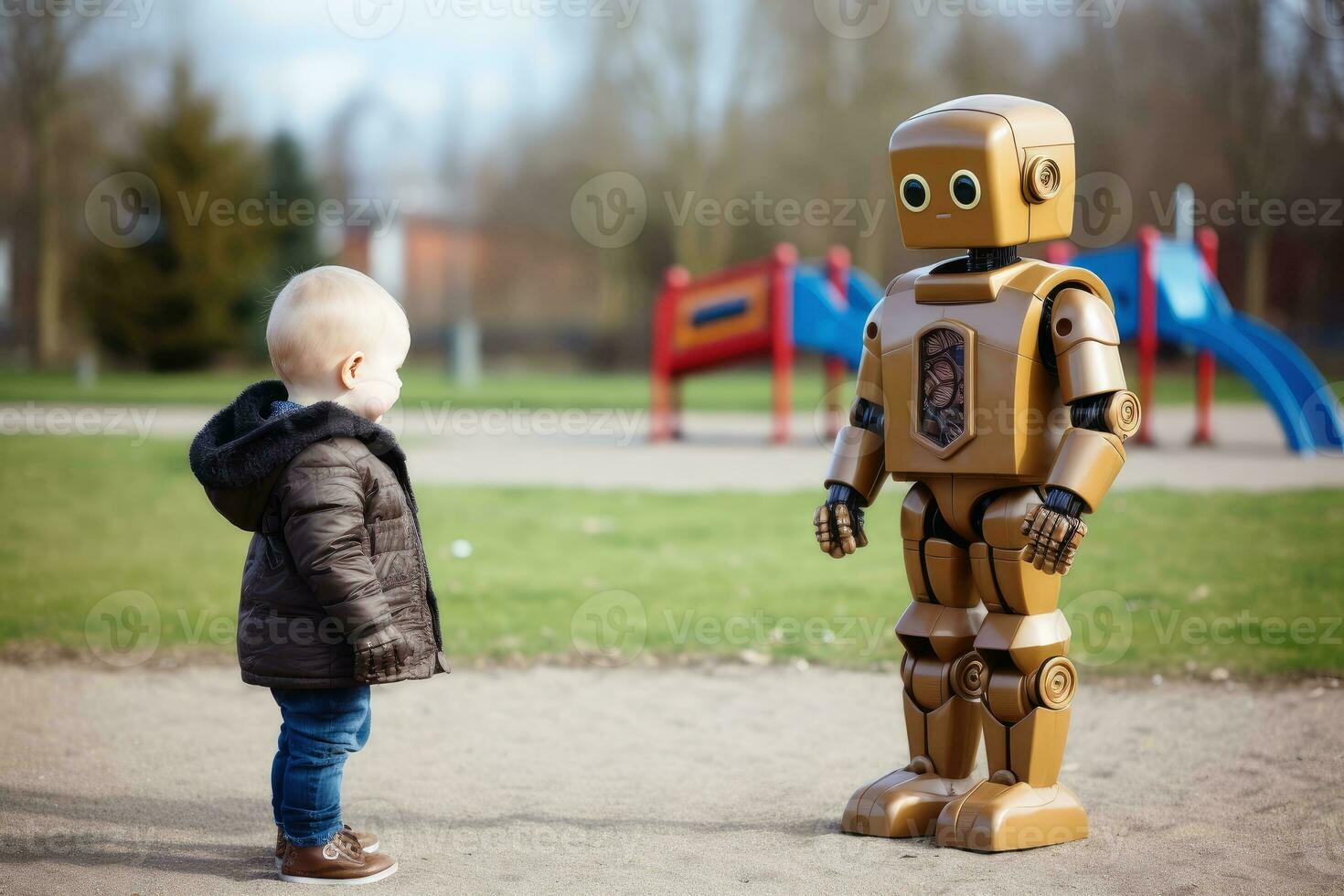 A child and a AI robot playing on a playground.AI Generative photo
