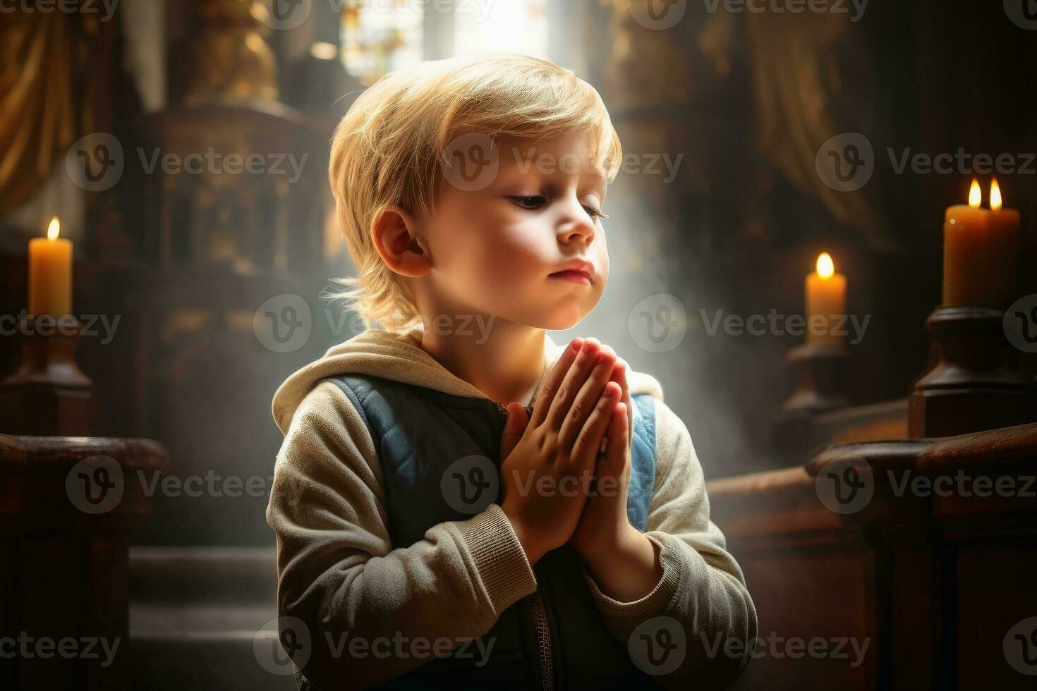 A small child praying to god.AI Generative photo