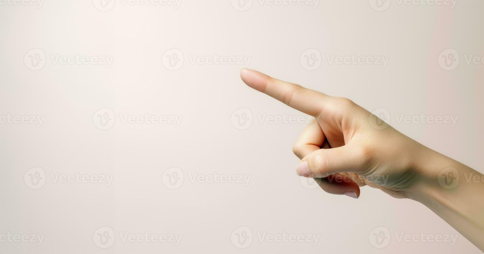 A womans hand pointing to the top in front of a pastel colored background.AI generative photo