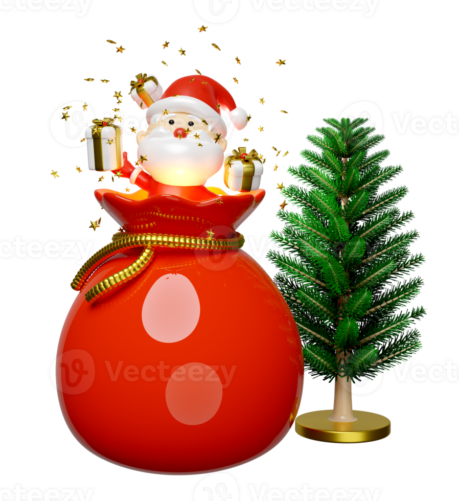 Santa claus with gift bag, gift box, christmas tree. merry christmas and festive New Year, 3d render illustration png