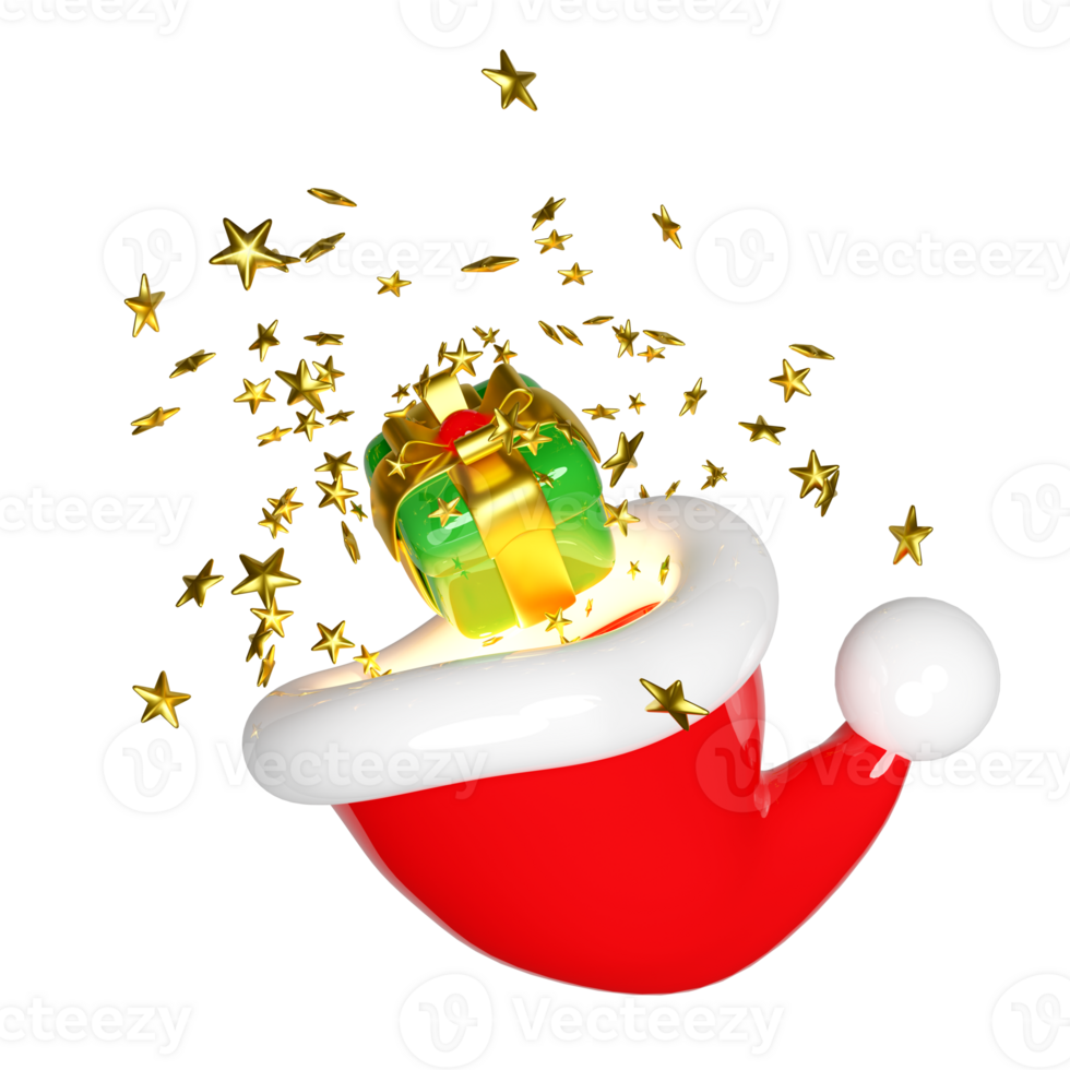 Red Santa hat with gift box, star. merry christmas and festive New Year, 3d render illustration png