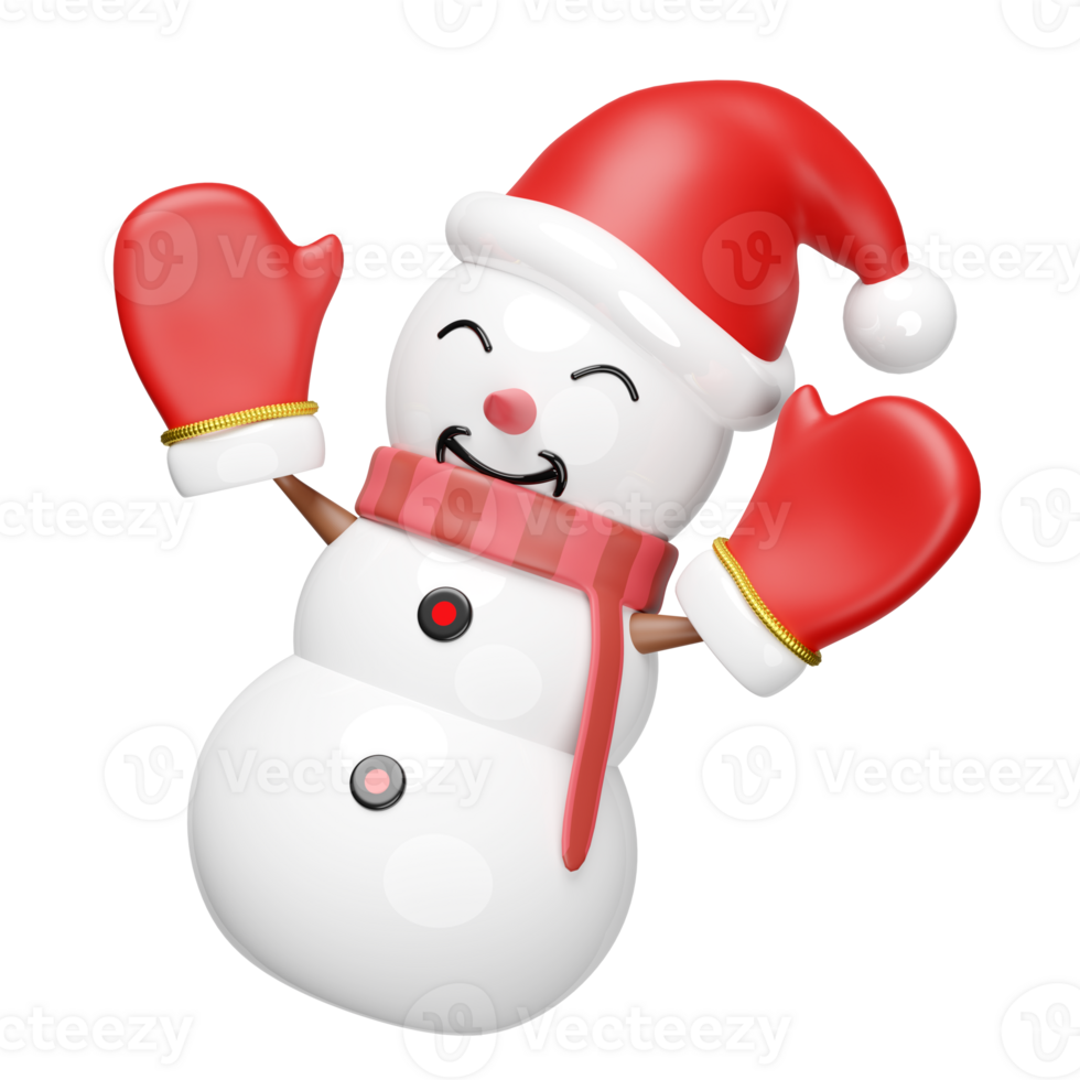 3d smiling snowman with hat, warm mittens, scarf. merry Christmas and festive New Year, 3d render illustration png