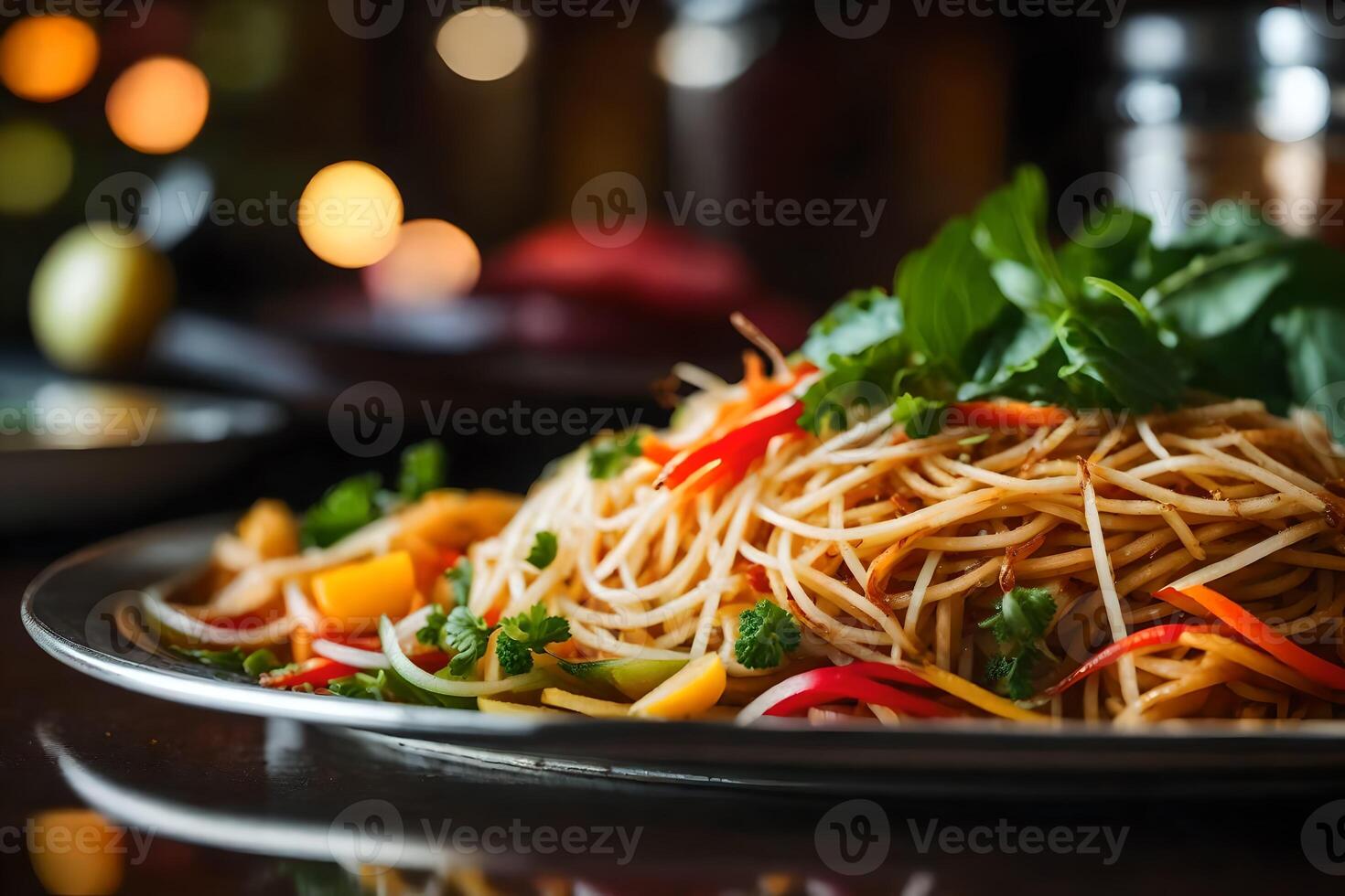 In this picture, the main focus is on a delicious Thai salad called Som Tum In the background, there is a lovely restaurant AI Generated photo