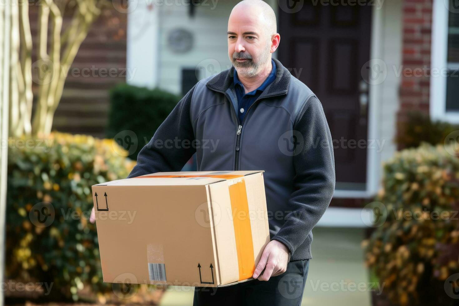 A parcel carrier brings a package to a door.AI generative photo