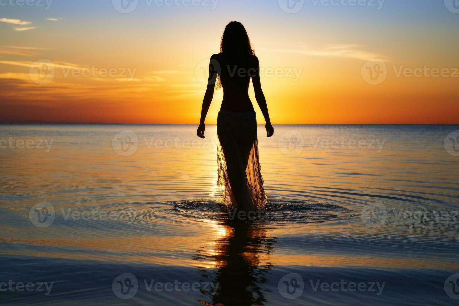 A sensual attractive young woman at a sunset beach.AI generative photo