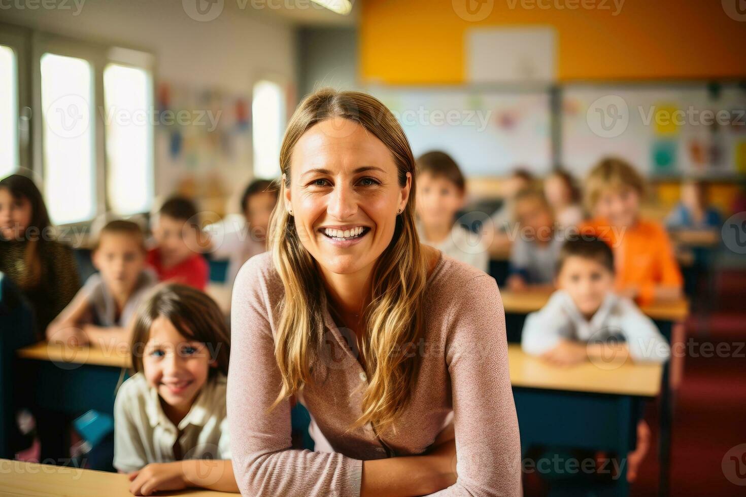 A Teacher smiling in a classroom with elementry school kids in the background. AI generative photo