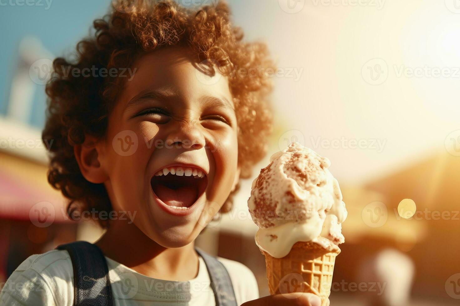 A happy kid eating ice cream melting in the sun.AI generative photo