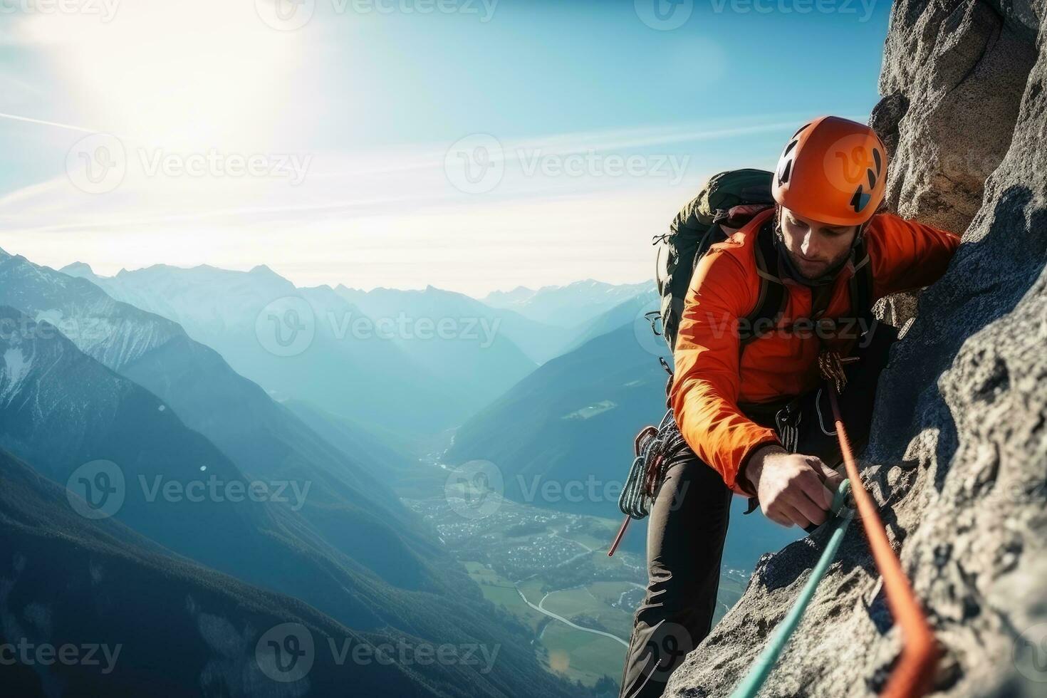 A climber on a steep face in the mountains.AI generative photo