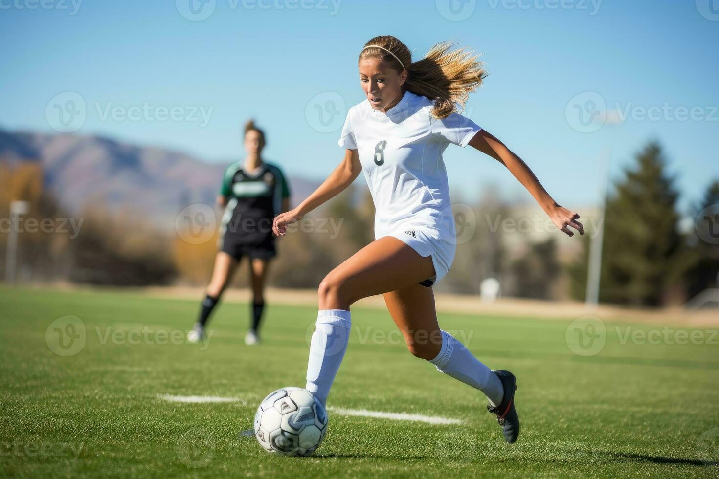 A female soccer player kicking the ball.AI Generative photo