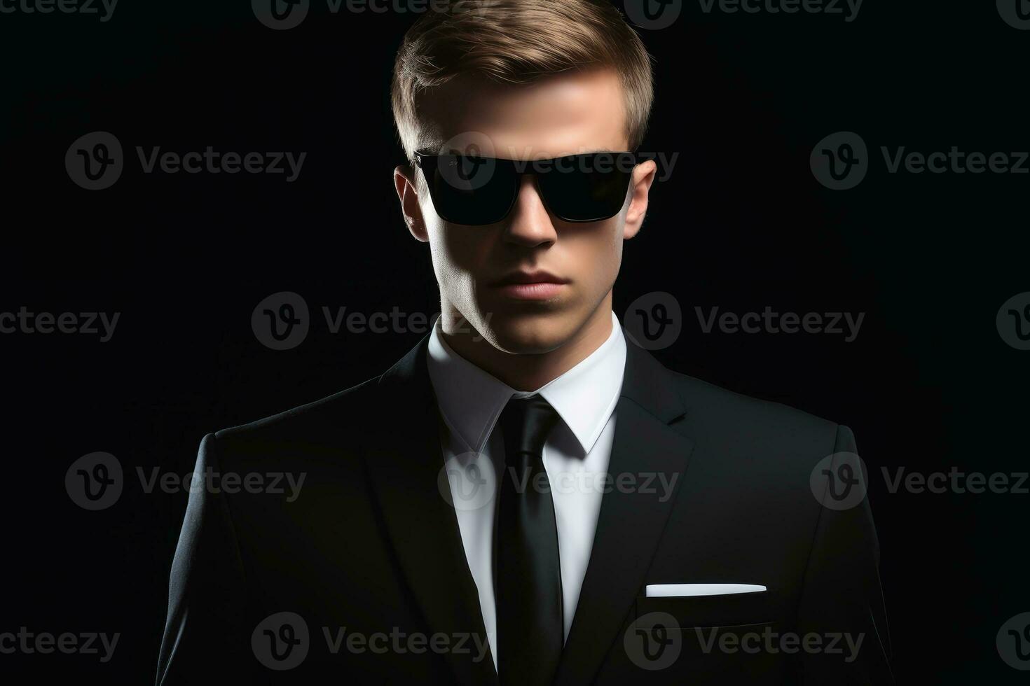 A secret agent in a suit and dark sunglasses.AI Generative photo