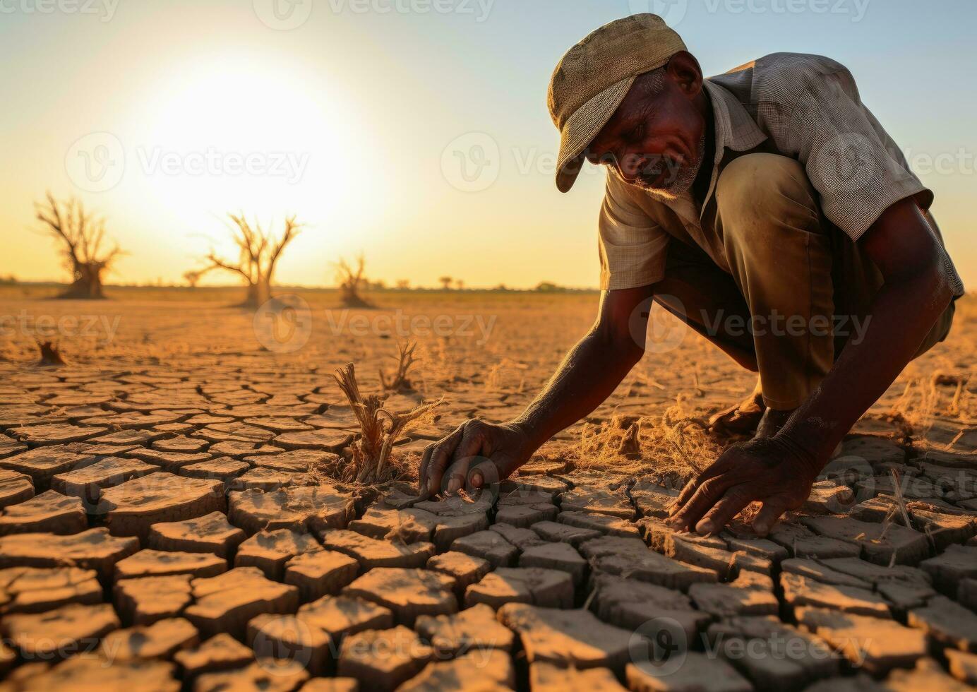 A farmer tests the dry ground of climate change.AI generative photo