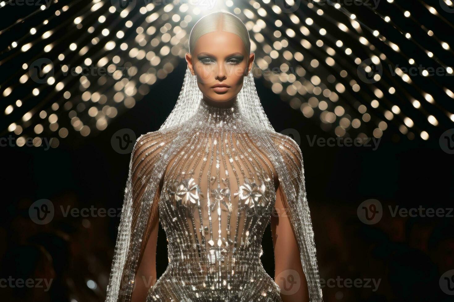 A model on a runway wearing an elegant dress made of diamonds.AI Generative photo