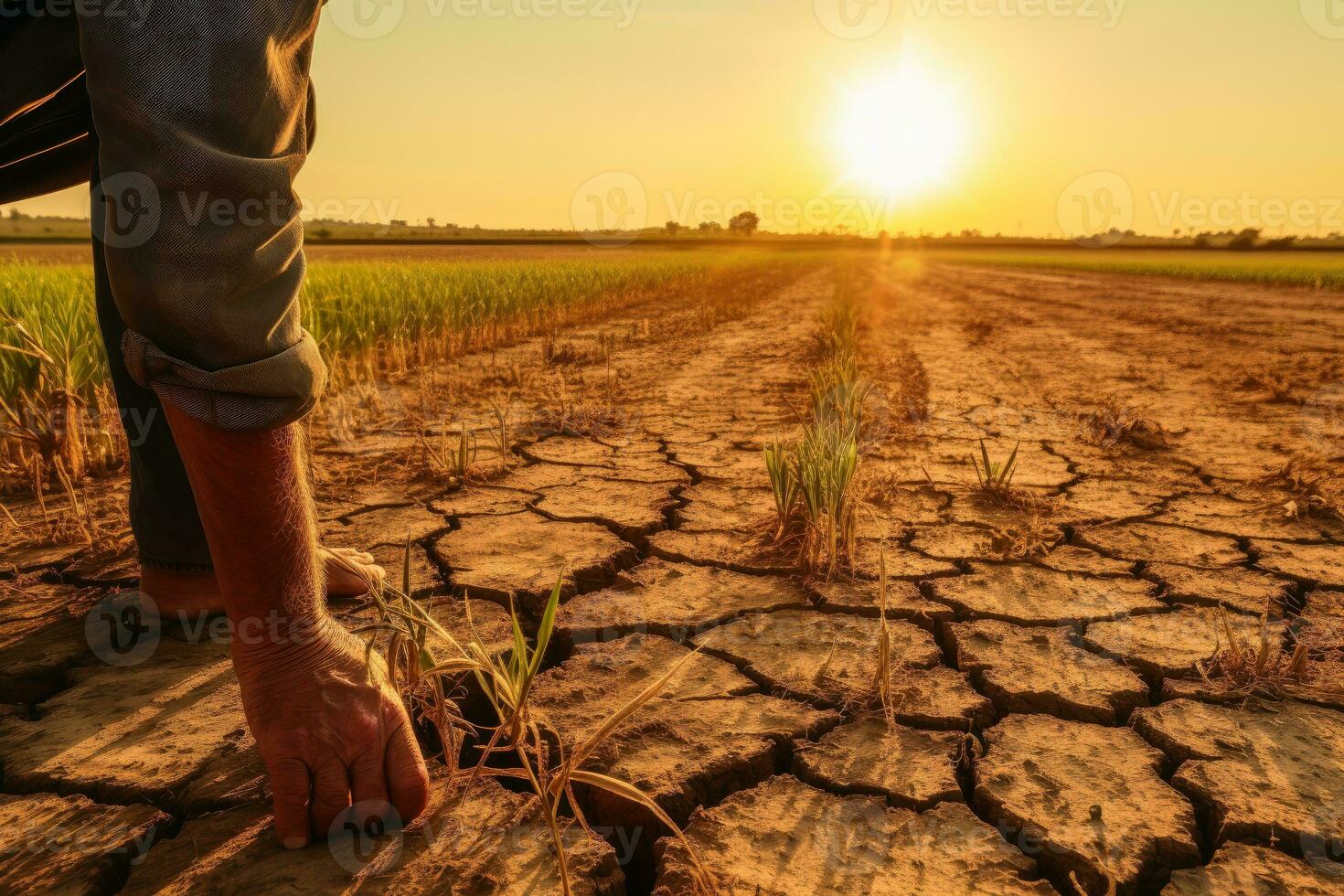 A farmer tests the dry ground of climate change.AI generative photo