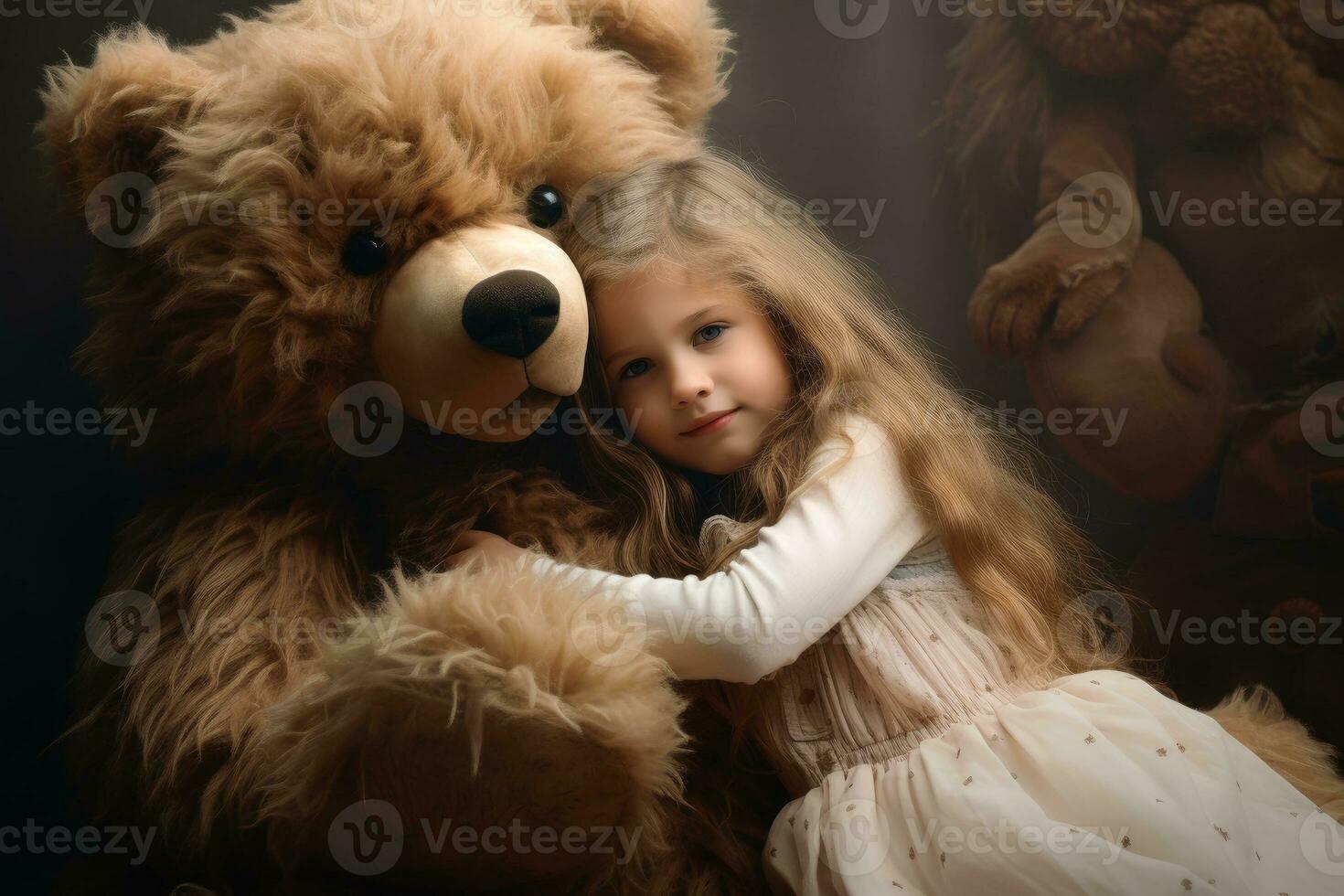 A cute big teddybear and a little girl.AI generative photo