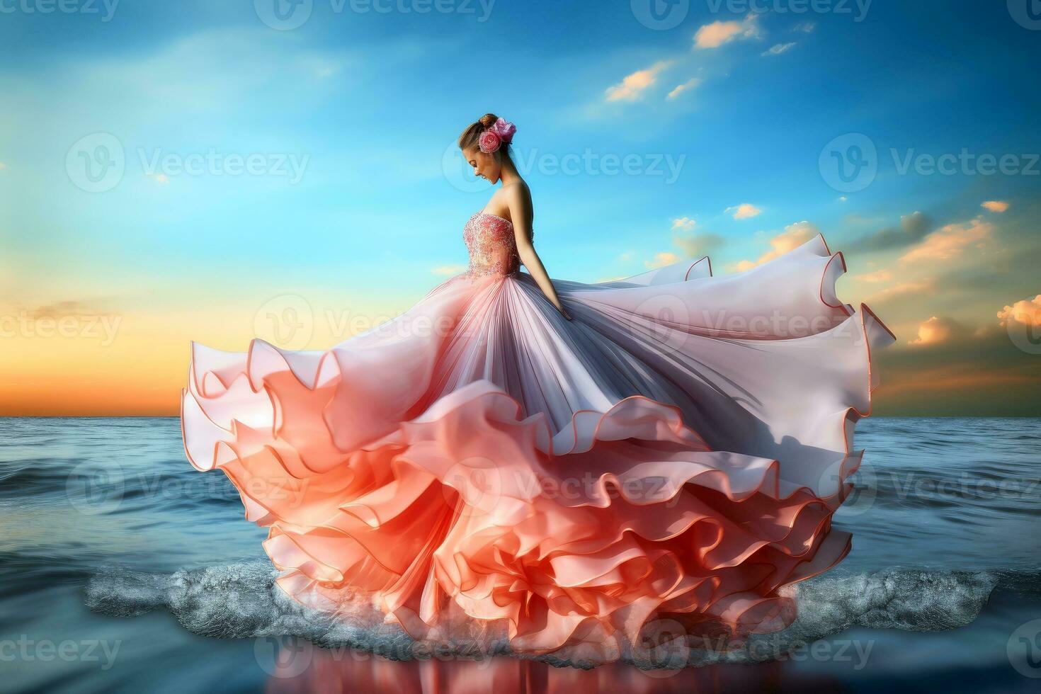 A goddess woman wearing a dress looking like water waves.AI Generative photo