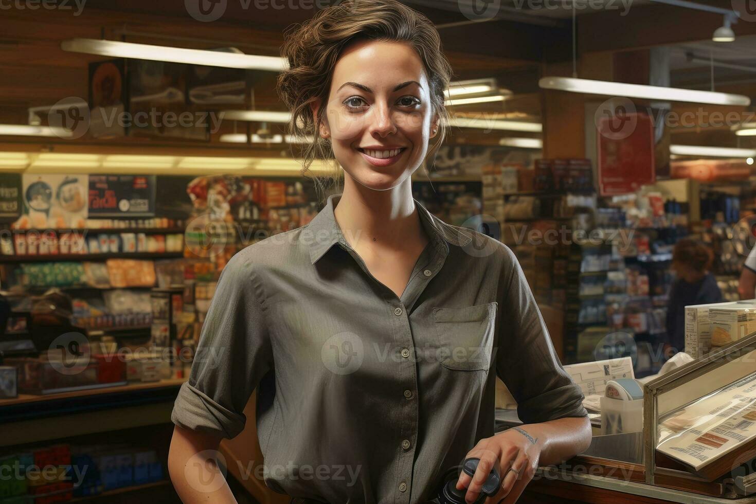 A friendly female salesperson at a grocery store.AI Generative photo