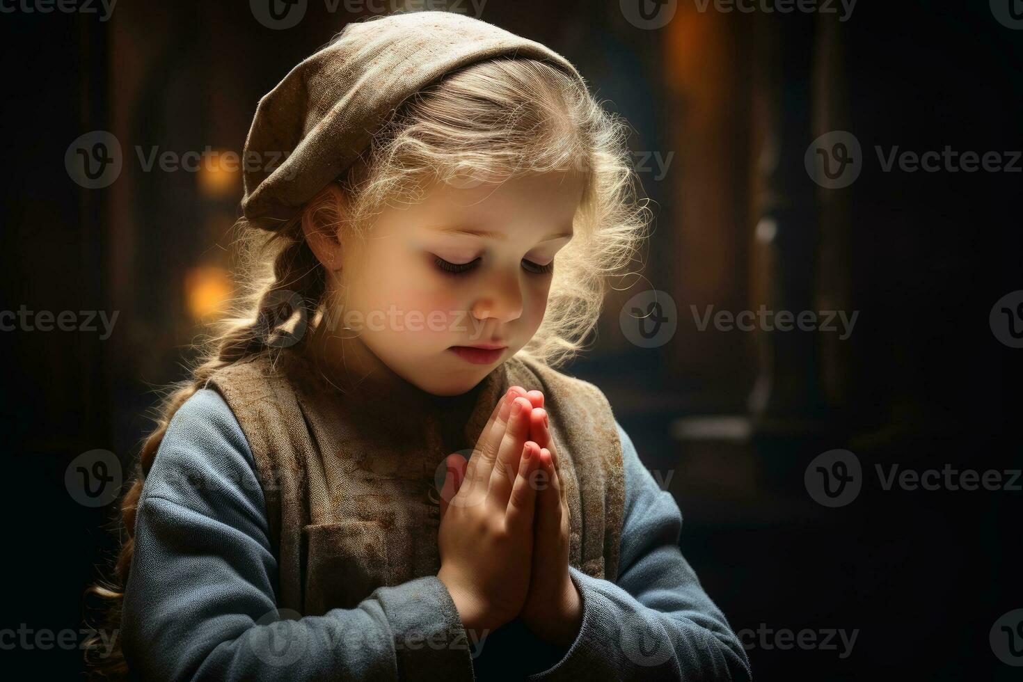 A small child praying to god.AI generative photo